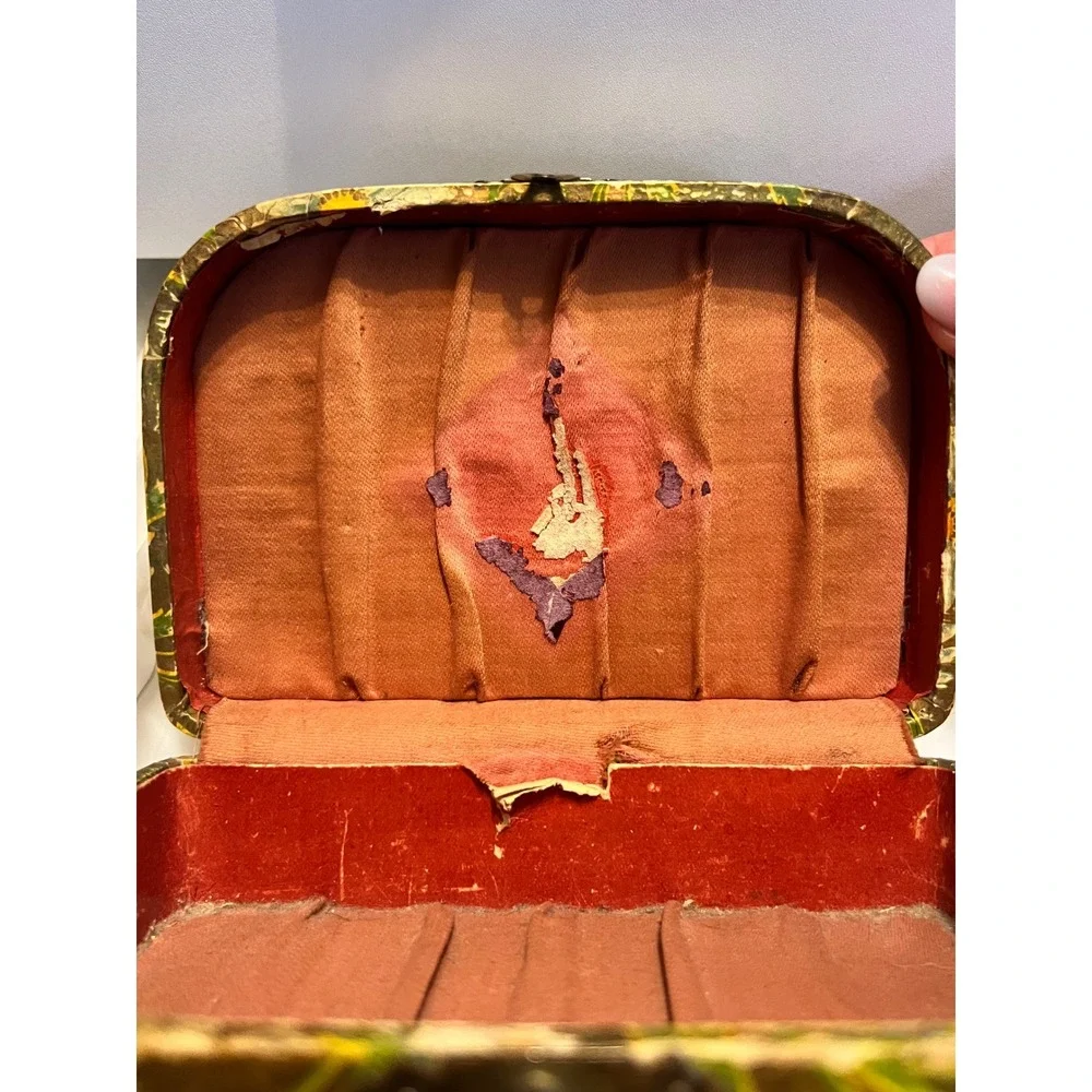 Vintage Floral Decoupage Jewelry Box Hinged Wood Trinket Box Yellow 6x4‎